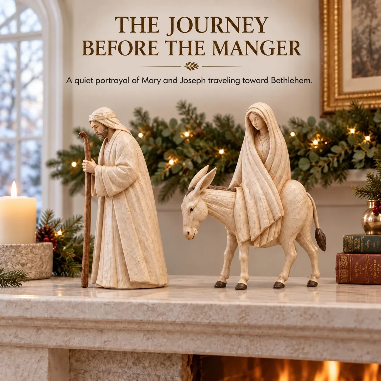 Journey to Bethlehem nativity figurine set displayed for Christmas
