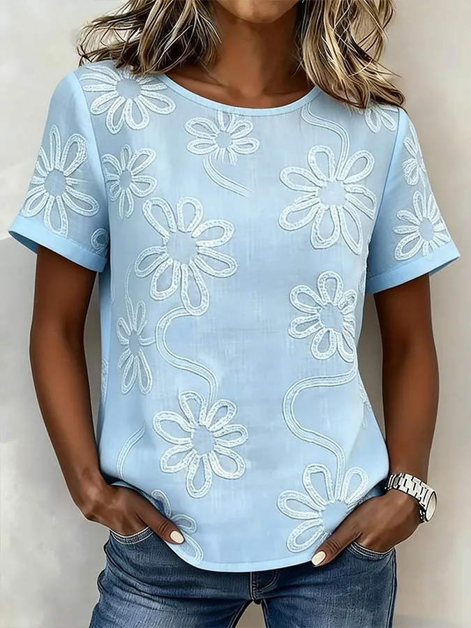 Women's Casual Solid Color Embroidered Short-Sleeve Top