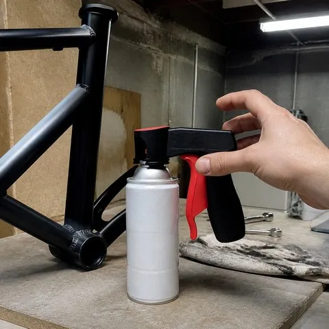 A DIY workshop with the trigger handle beside a freshly painted bicycle frame