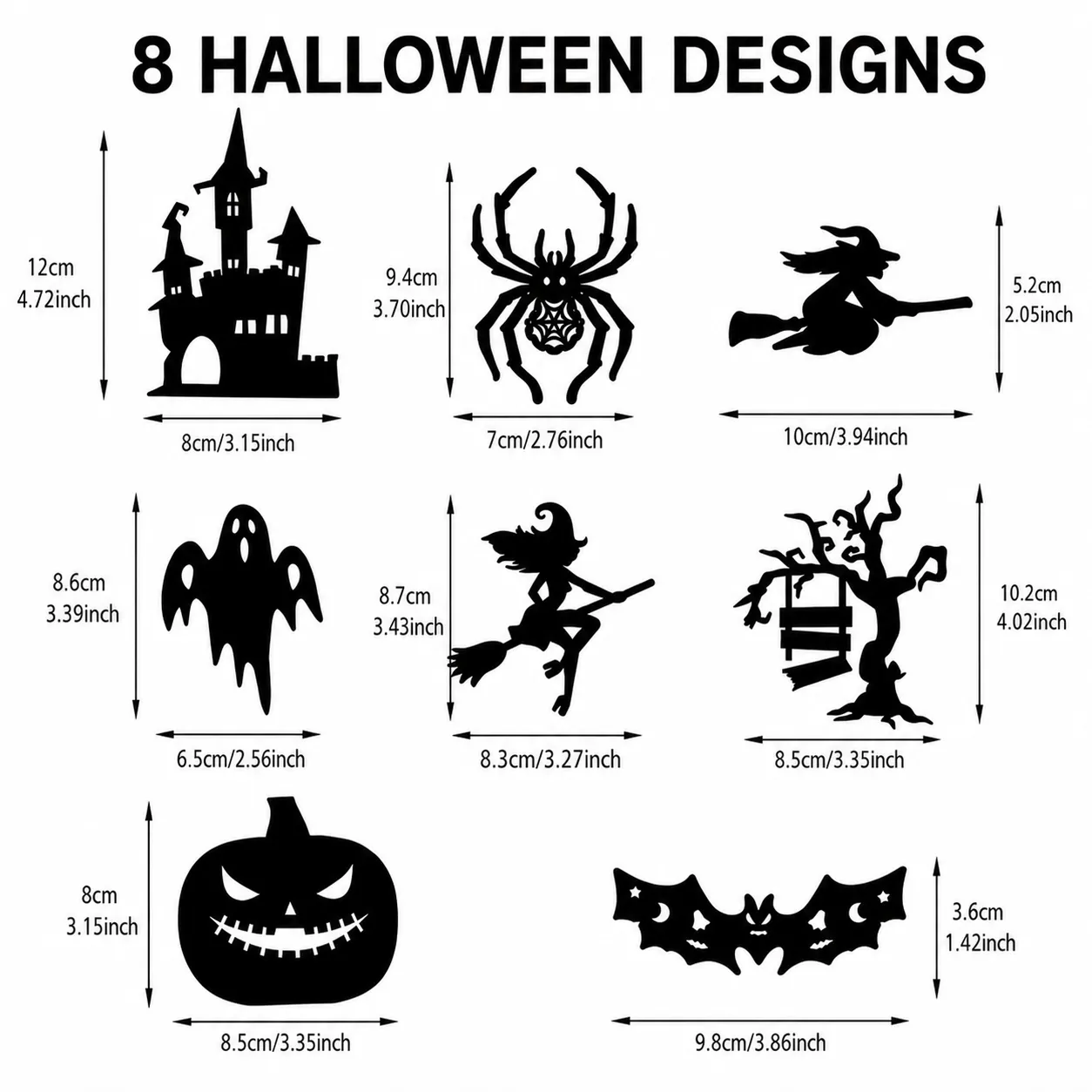 Eight Halloween silhouette designs with inch and centimeter dimensions