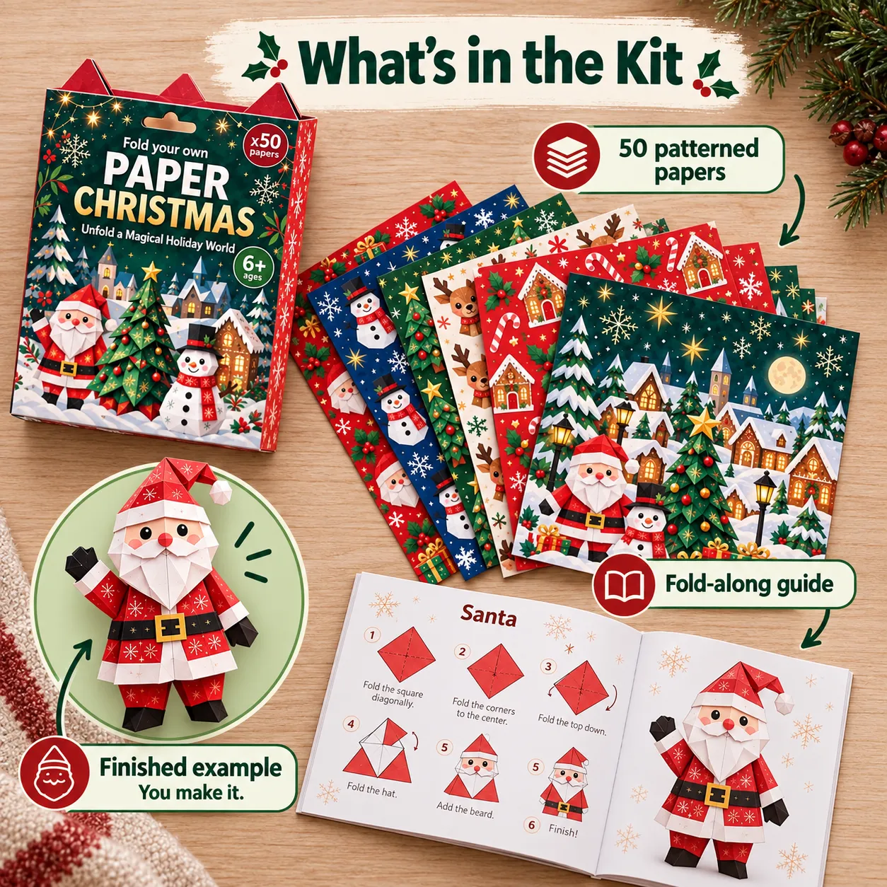 Kit contents showing patterned papers, fold-along guide, and a finished Santa example