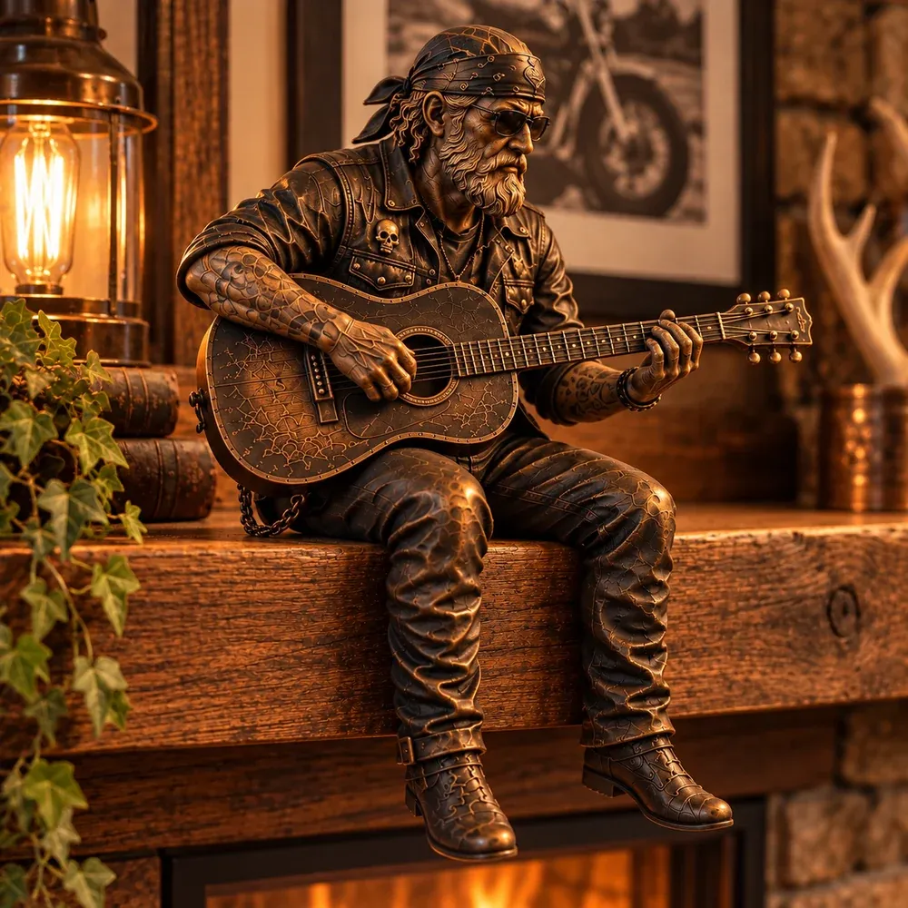 Roadside Guitarist displayed on a wooden shelf beside books and a lamp