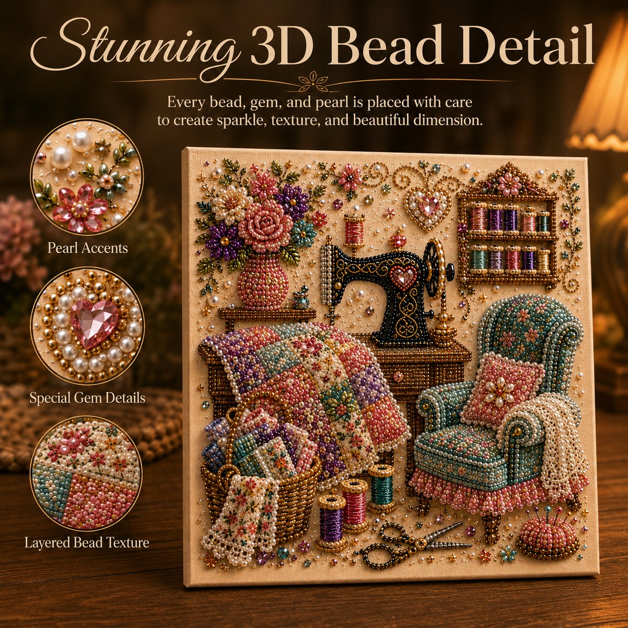 Close-up view of pearl accents special gems and layered bead texture