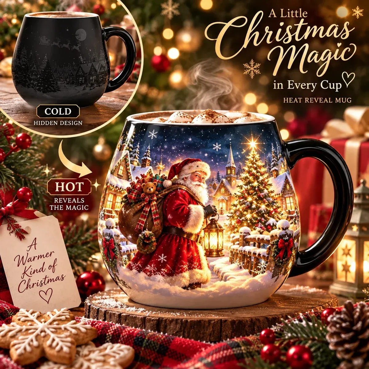 Christmas magic heat reveal mug shown hot and cold