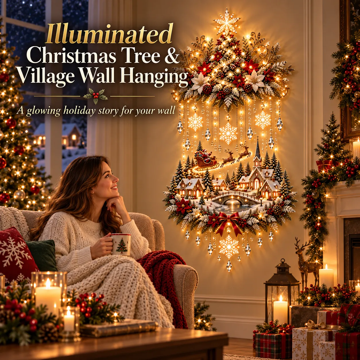 Illuminated Christmas tree and snowy village wall hanging shown in a warm holiday living room
