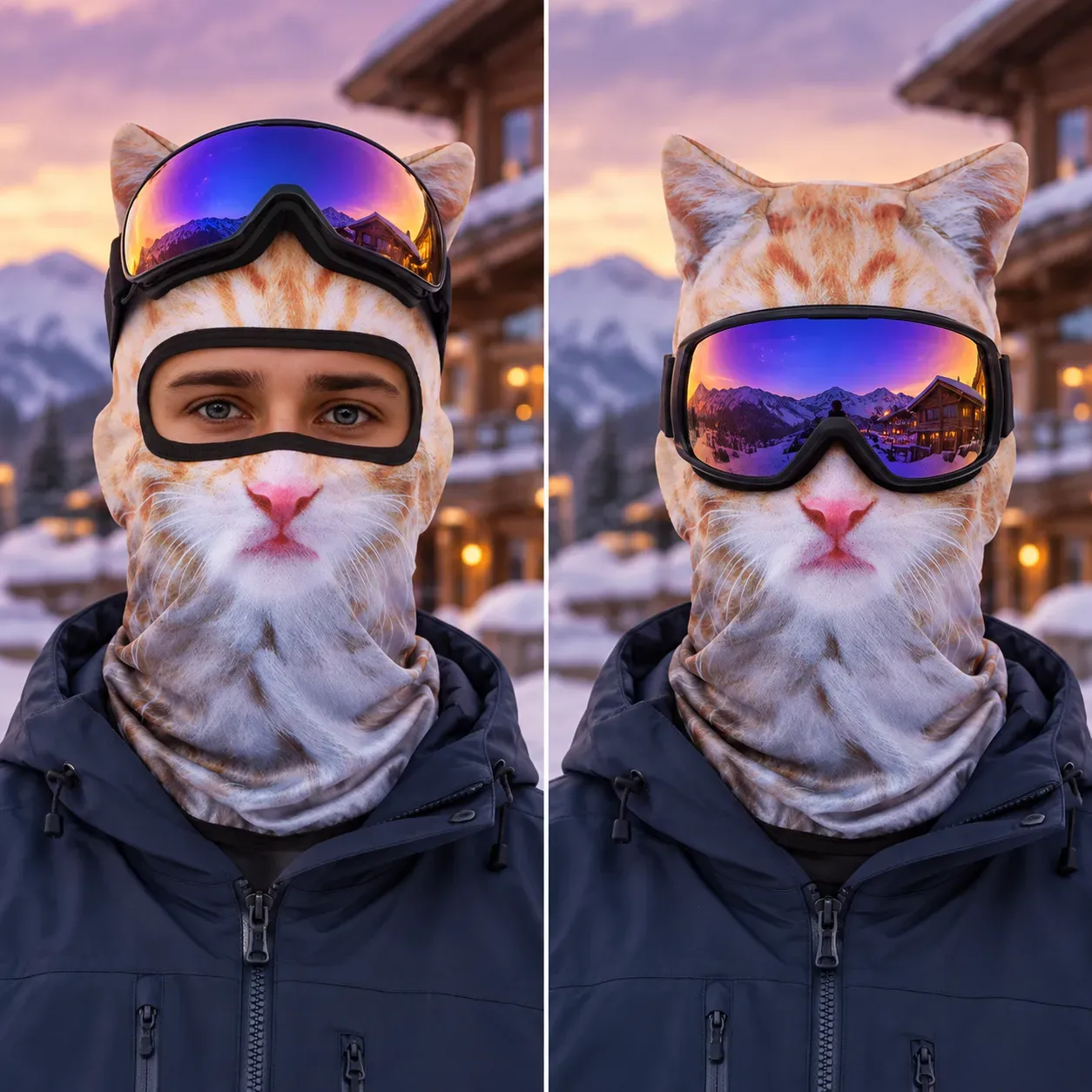 Before and after Halloween outfit transformation with the orange tabby animal hood