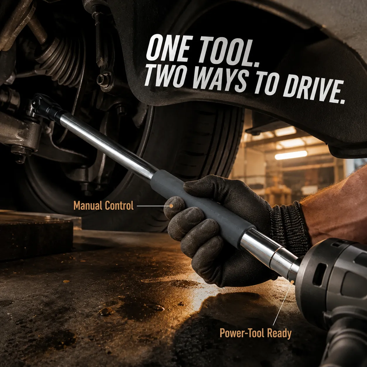 Offset ratchet extension shown with manual control and a power tool