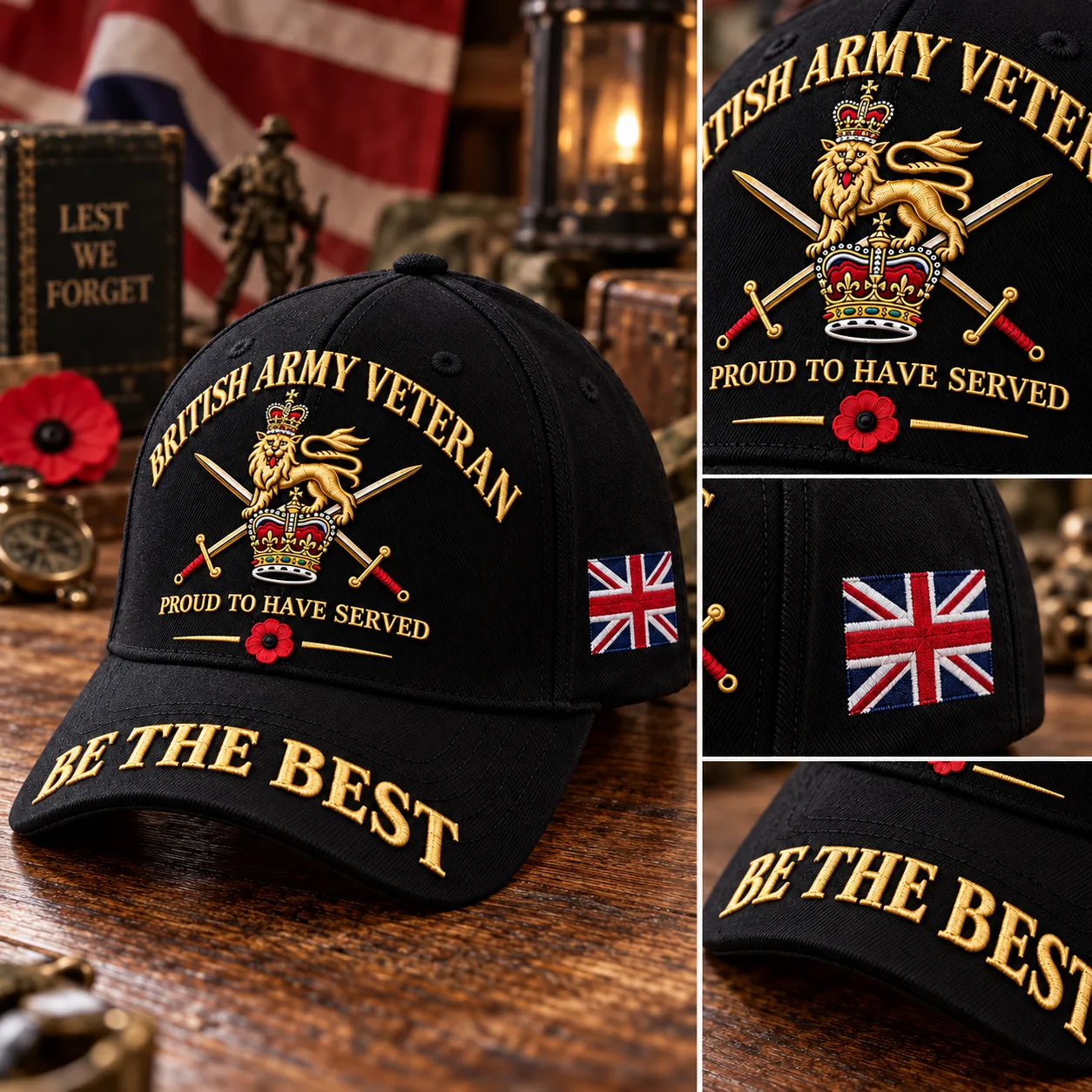 Full cap and close-up views of the front design, side Union Jack and BE THE BEST brim wording