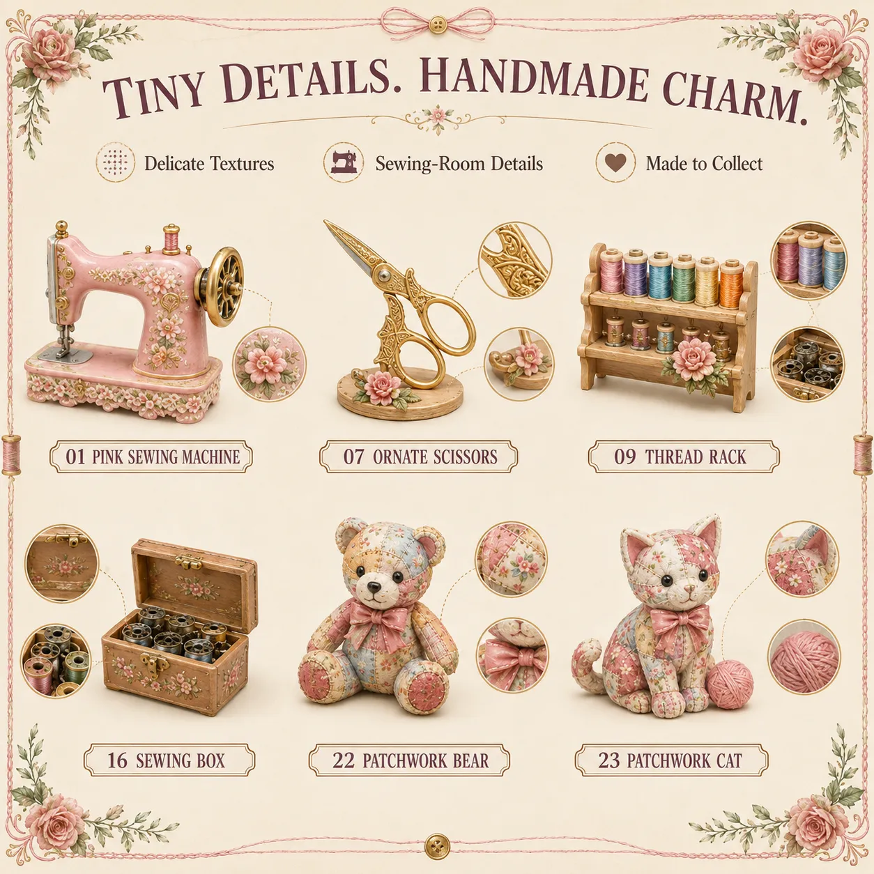 Close-up details of selected sewing miniatures