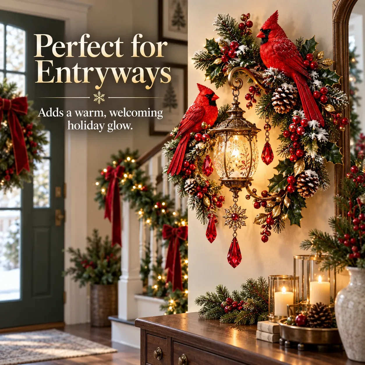 Cardinal Lantern Christmas Entryway Decor
