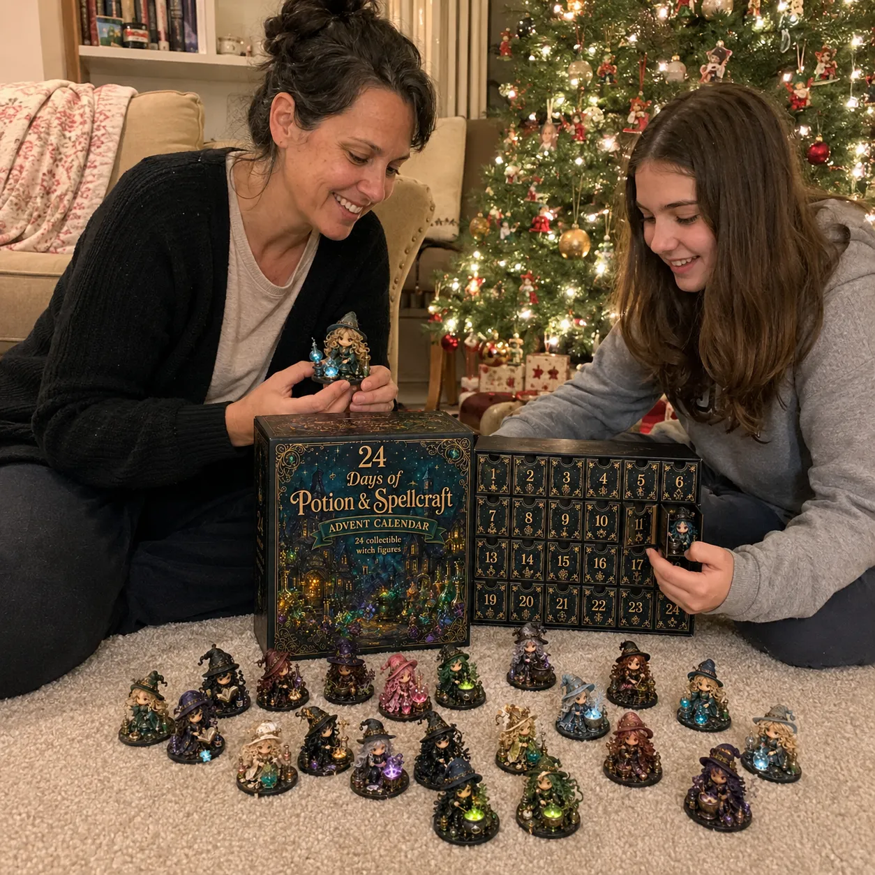 Mother and daughter opening the witch Advent Calendar together