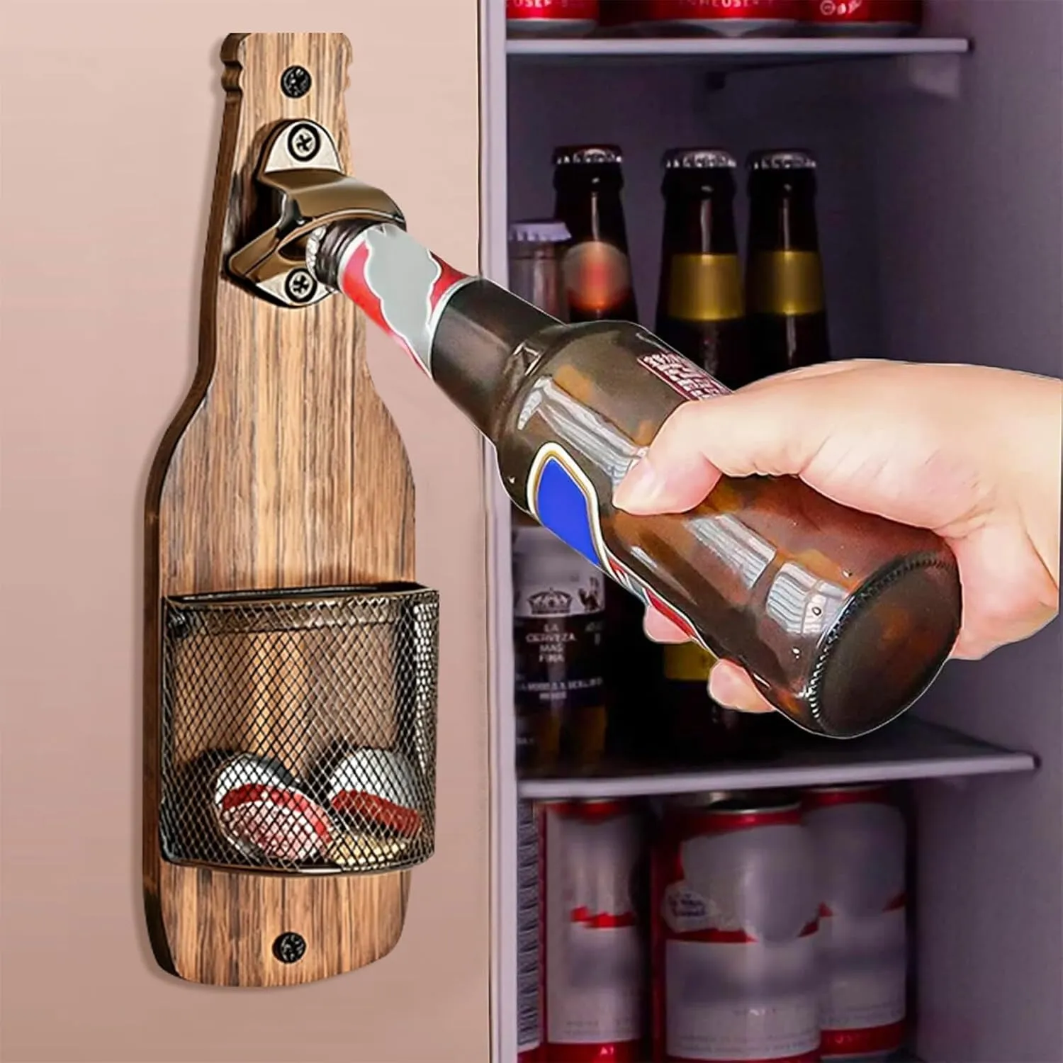 One-hand use of the rustic wall-mounted bottle opener
