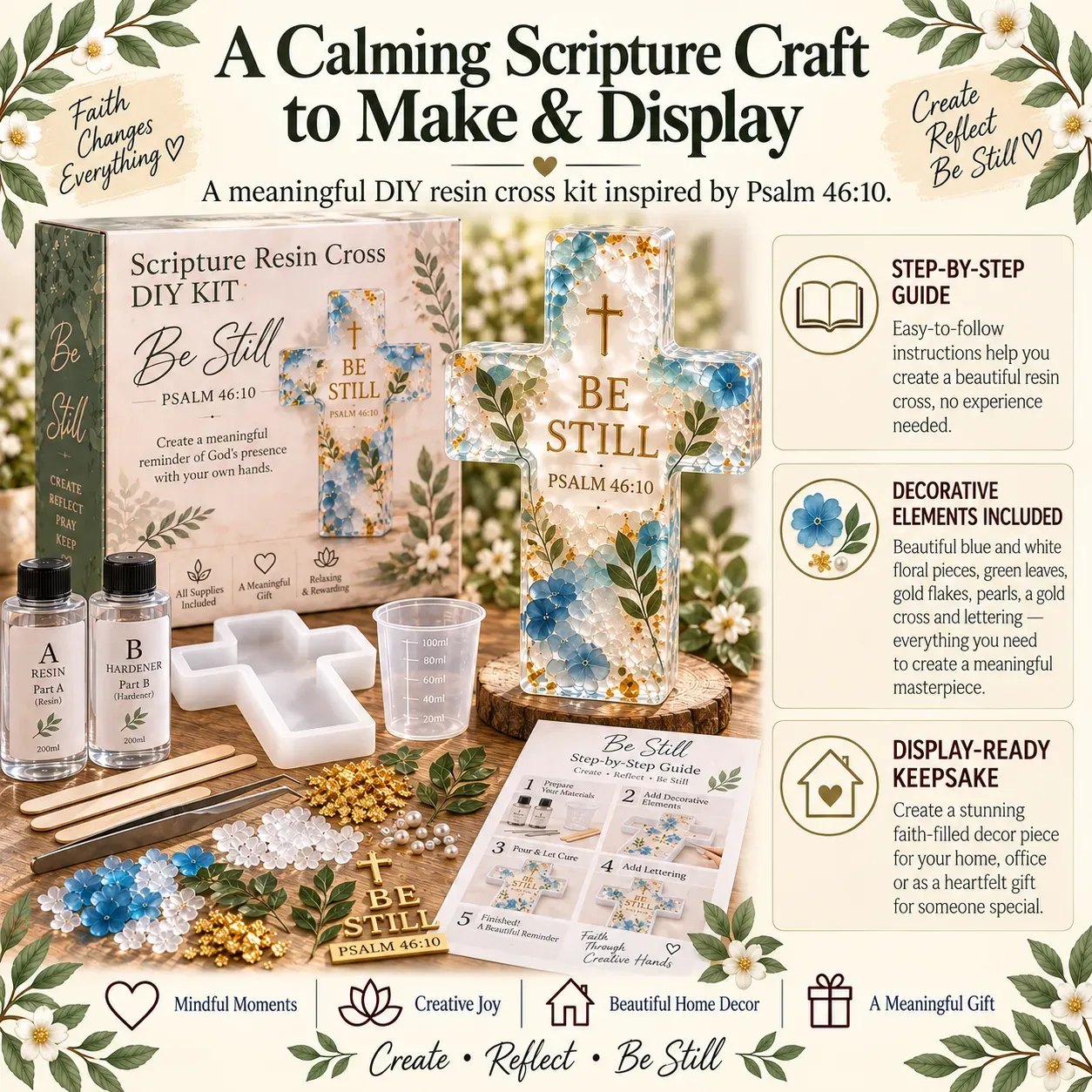 Resin cross DIY kit arranged with blue and white flowers, gold accents, mold, bottles and step-by-step guide