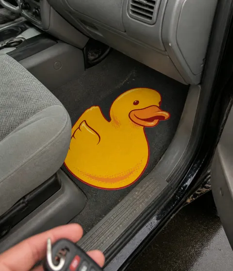 Casual customer-style photo of the duck mat in a passenger footwell