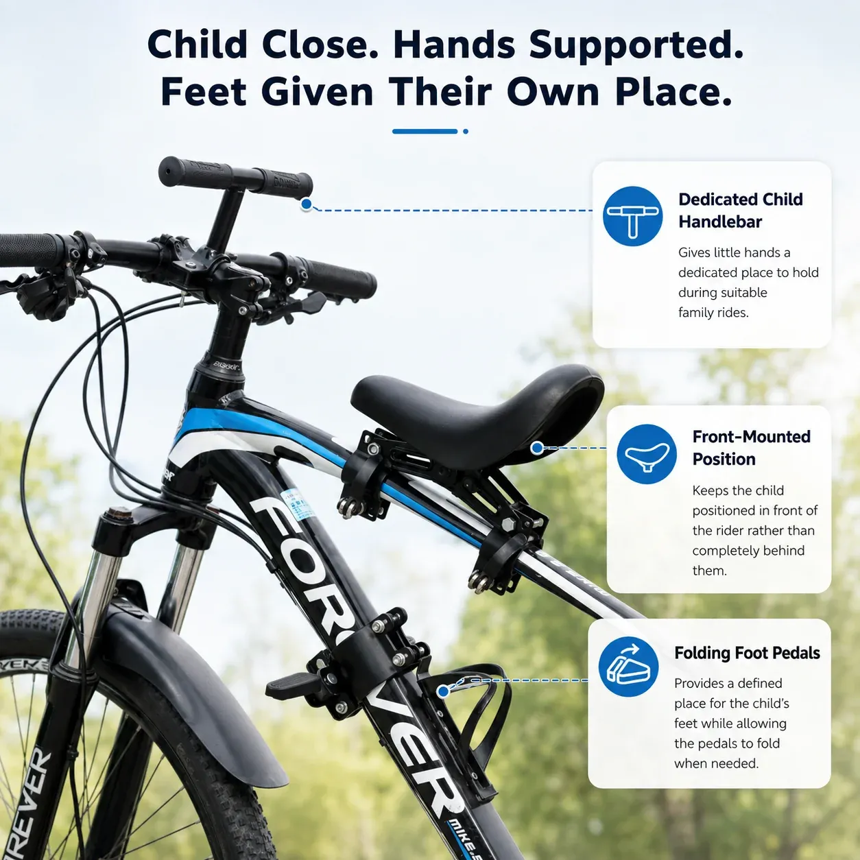 child bicycle seat with handlebar and foot pedals