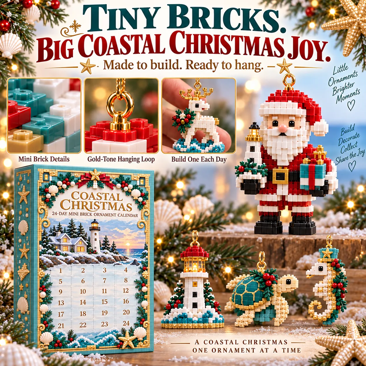 Close-up mini brick and gold-tone hanging-loop details with Santa, lighthouse, sea turtle and seahorse ornaments