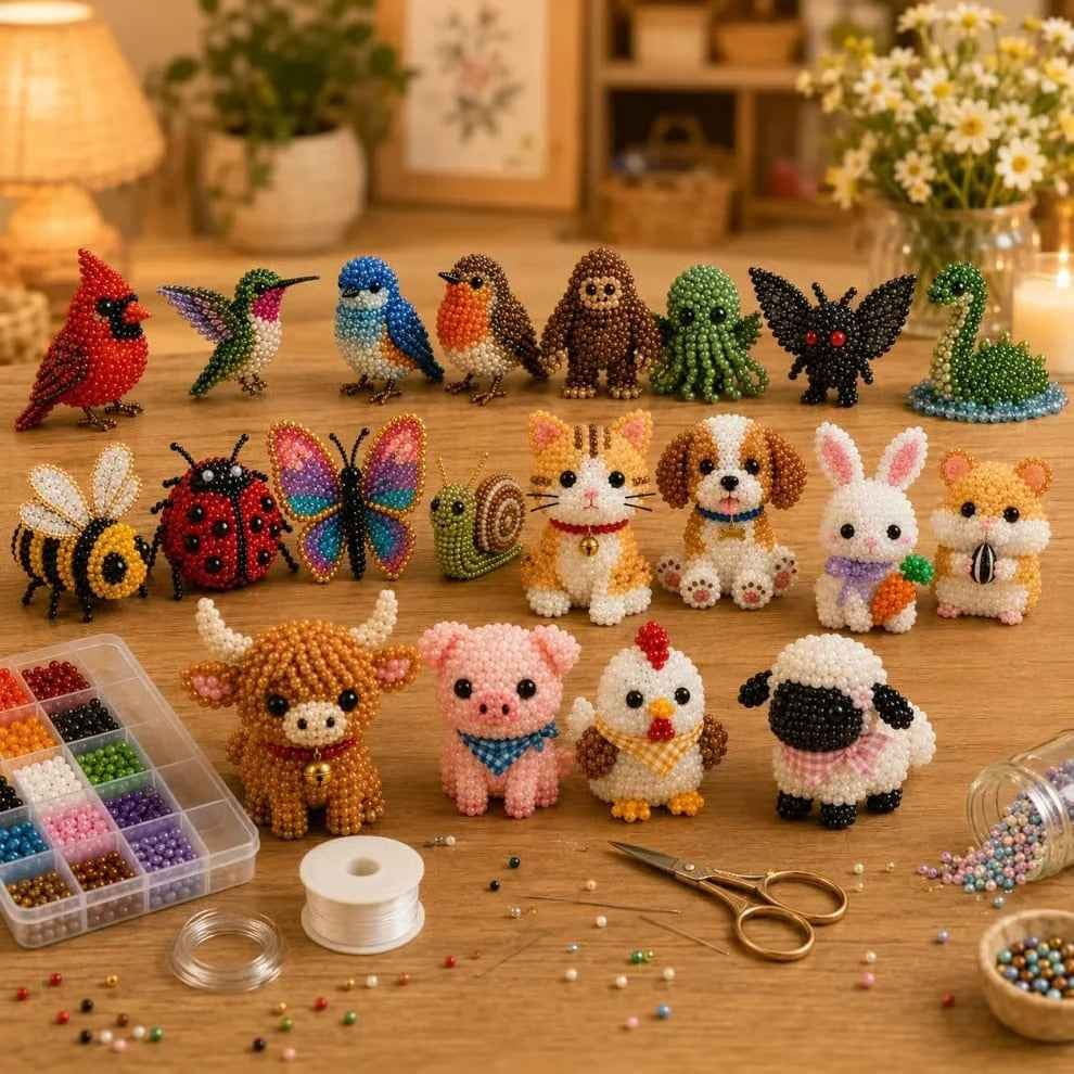 A collection of finished 3D beaded animal designs