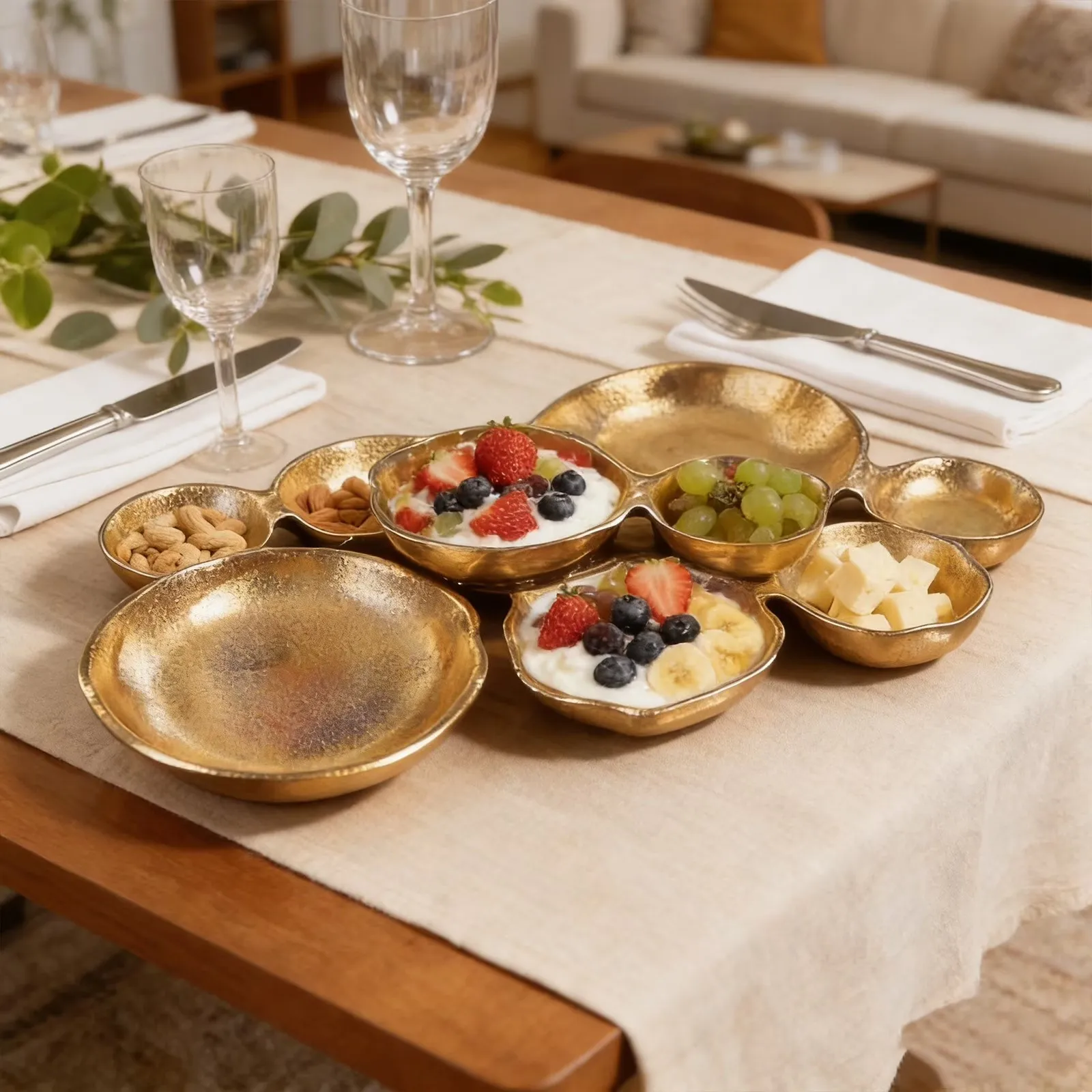 Gold connected serving centerpiece on a dining table
