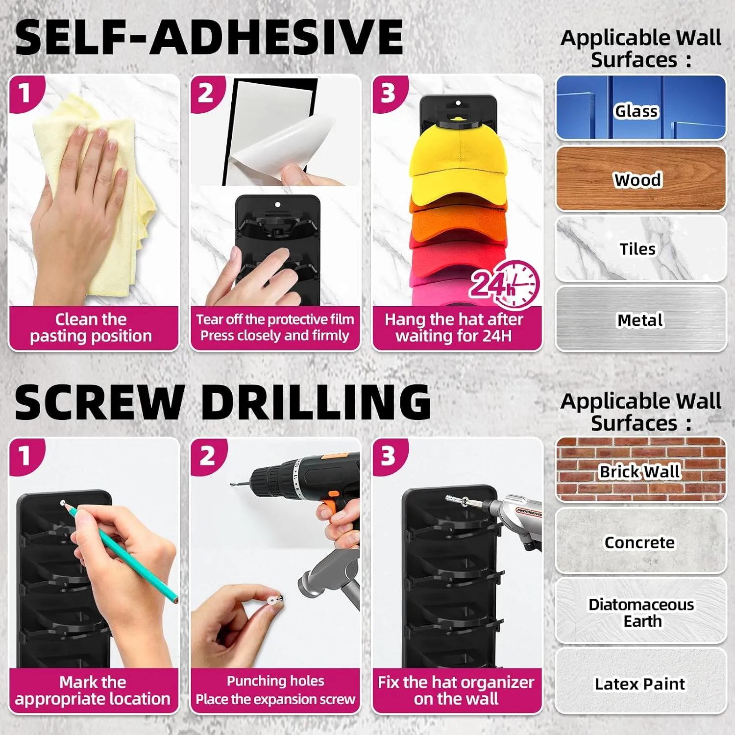 Adhesive and screw installation methods for the cap organizer