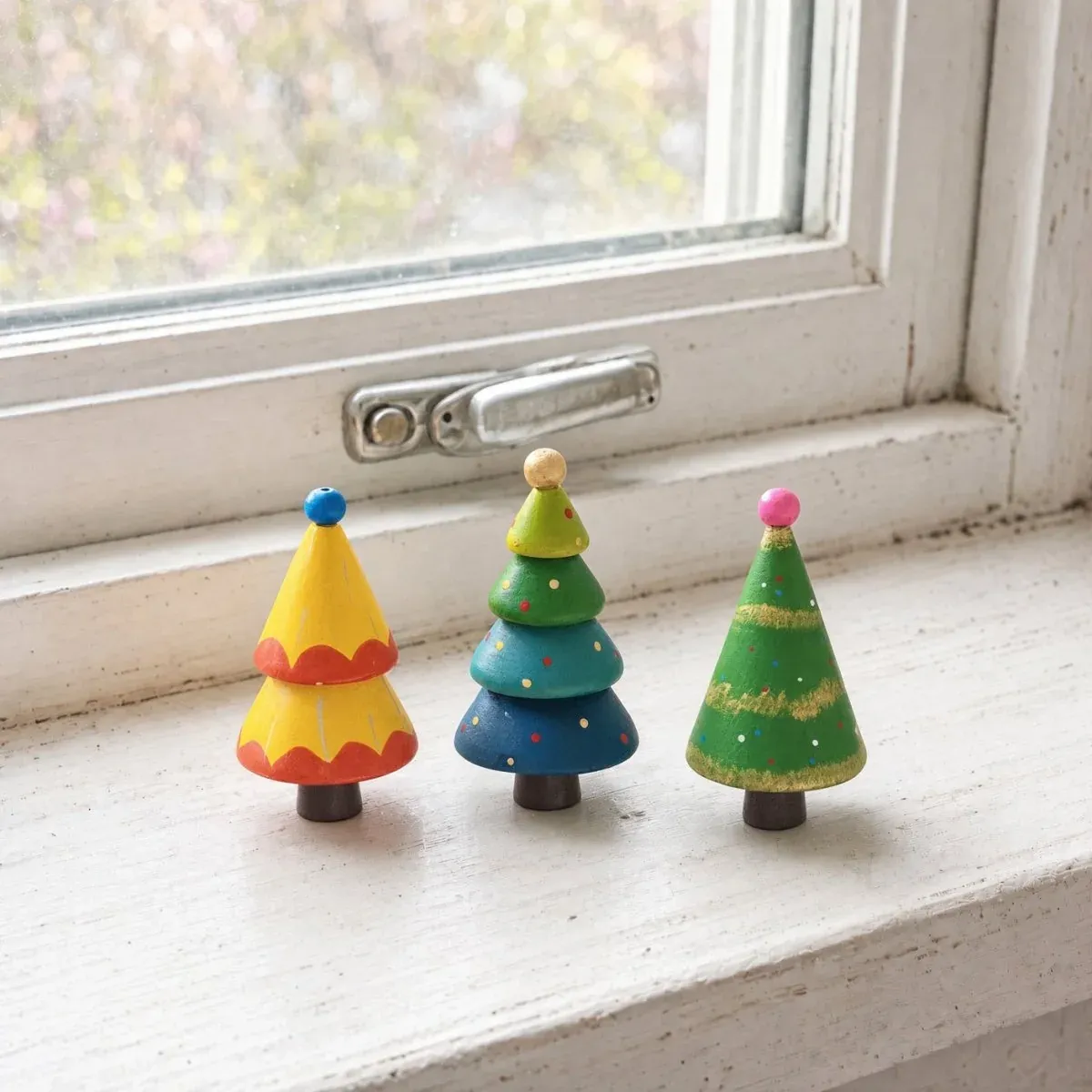 Customer photo of painted mini wooden trees on a windowsill