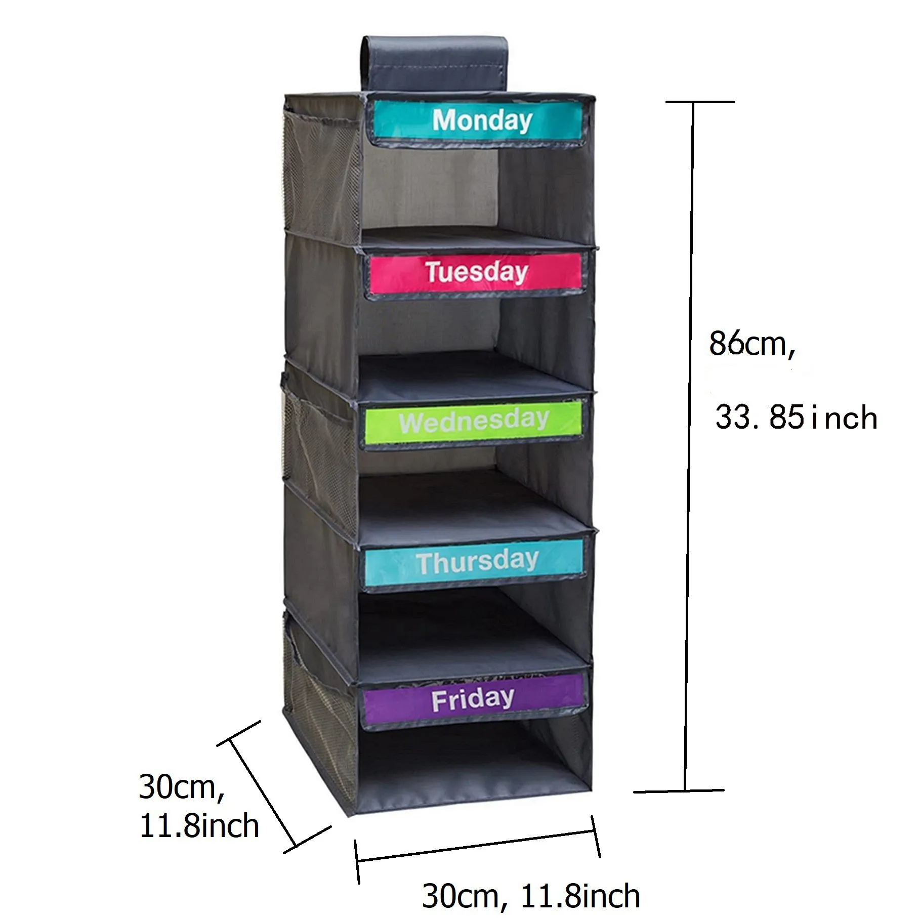 Organizer dimensions: 11.8 inches wide, 11.8 inches deep, and 33.85 inches high