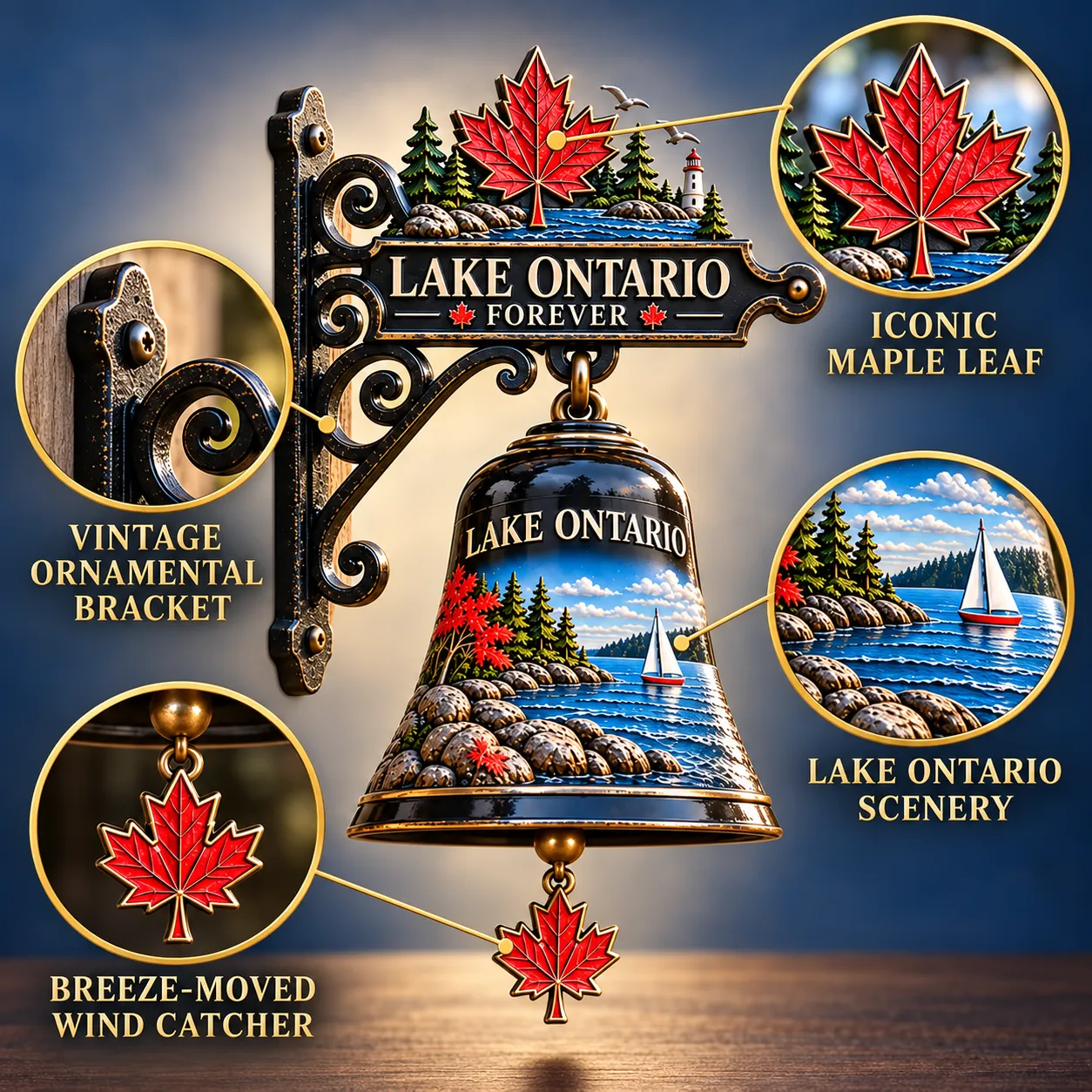 Close-up details of the Lake Ontario bell, maple leaf, bracket and lake scenery