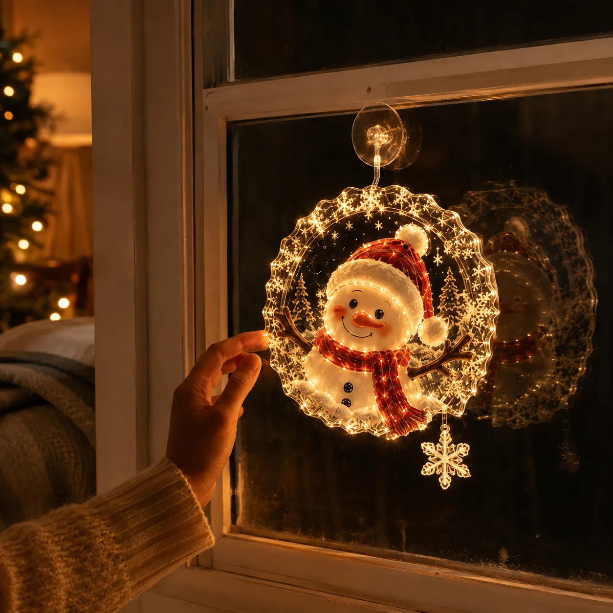 Customer touching the glowing snowman window light