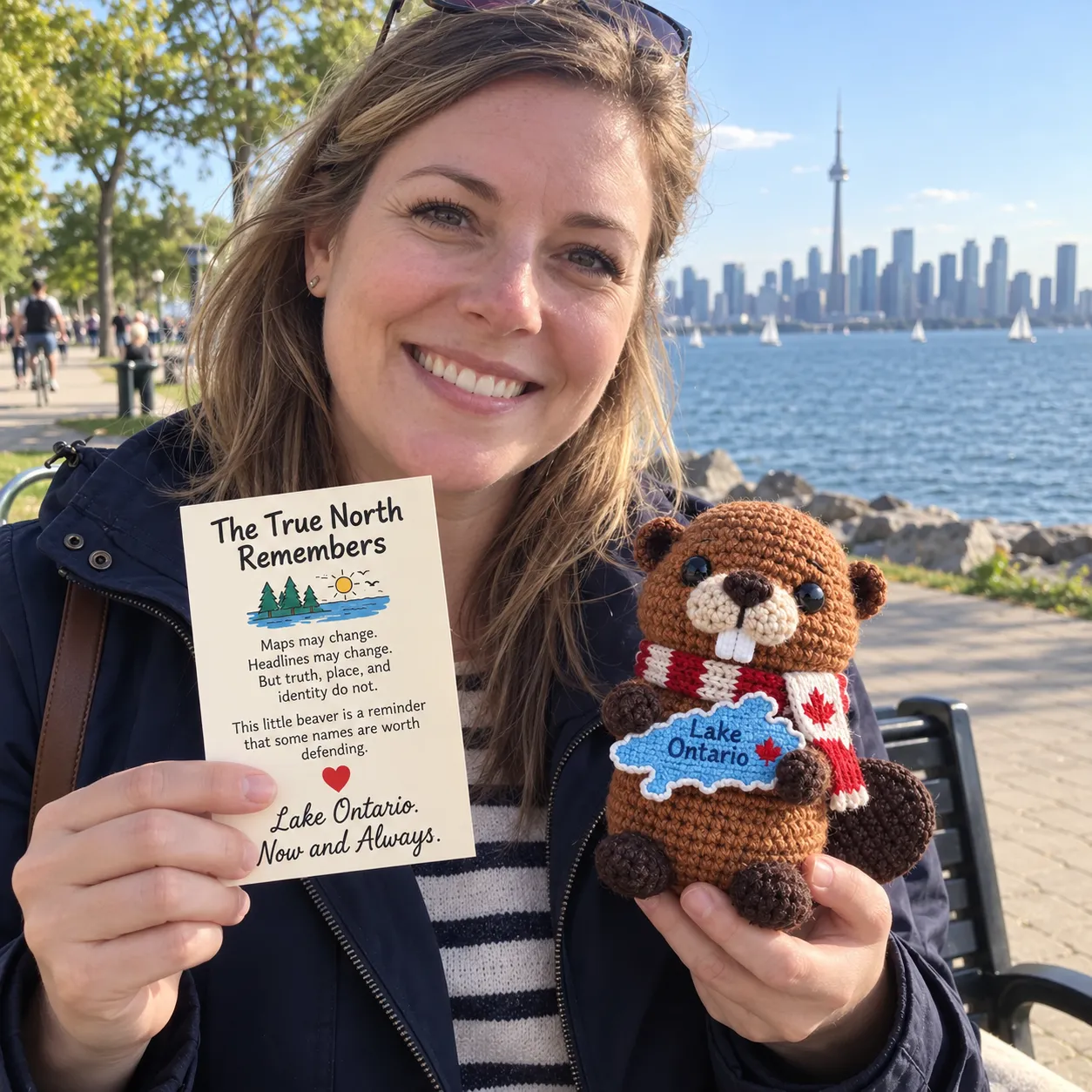Customer holding The True North Remembers Lake Ontario beaver by the Toronto waterfront