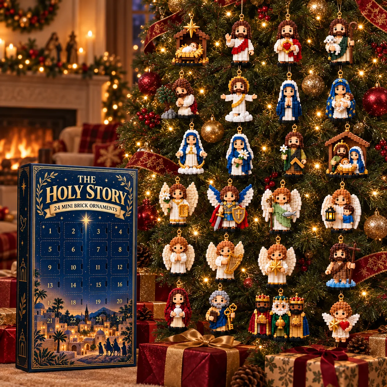 A full display of Holy Story mini brick ornaments on a Christmas tree beside the blue calendar box and a fireplace