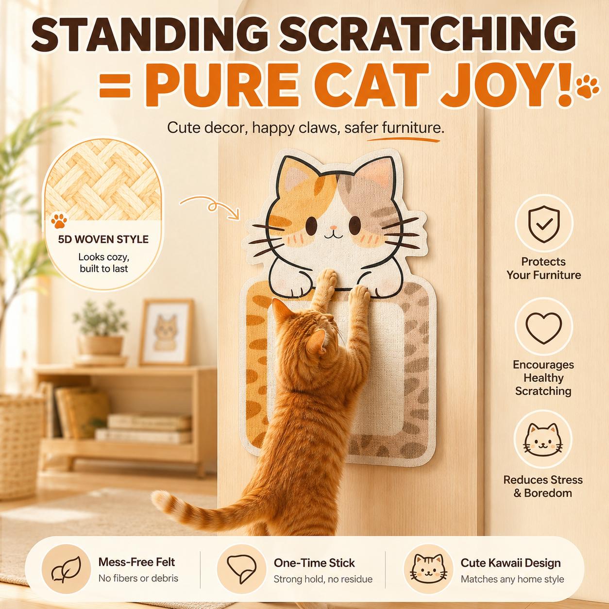 SmartWell Cute Cat Scratcher Mat Kawaii Wall Protector Self-Adhesive Felt Scratch Pad for Indoor Cats Wall sofas cabinet door  Wall Mounted Cat Scratching Activity Tree Interactive Cat Scratching Board with Bell multi-functional Cat small space tiktokshop