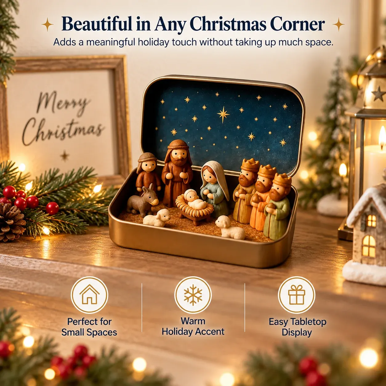 Mini Nativity set displayed as compact Christmas decor