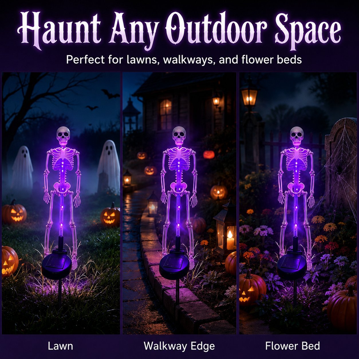 Solar skeleton yard stakes used in lawn walkway and flower bed scenes
