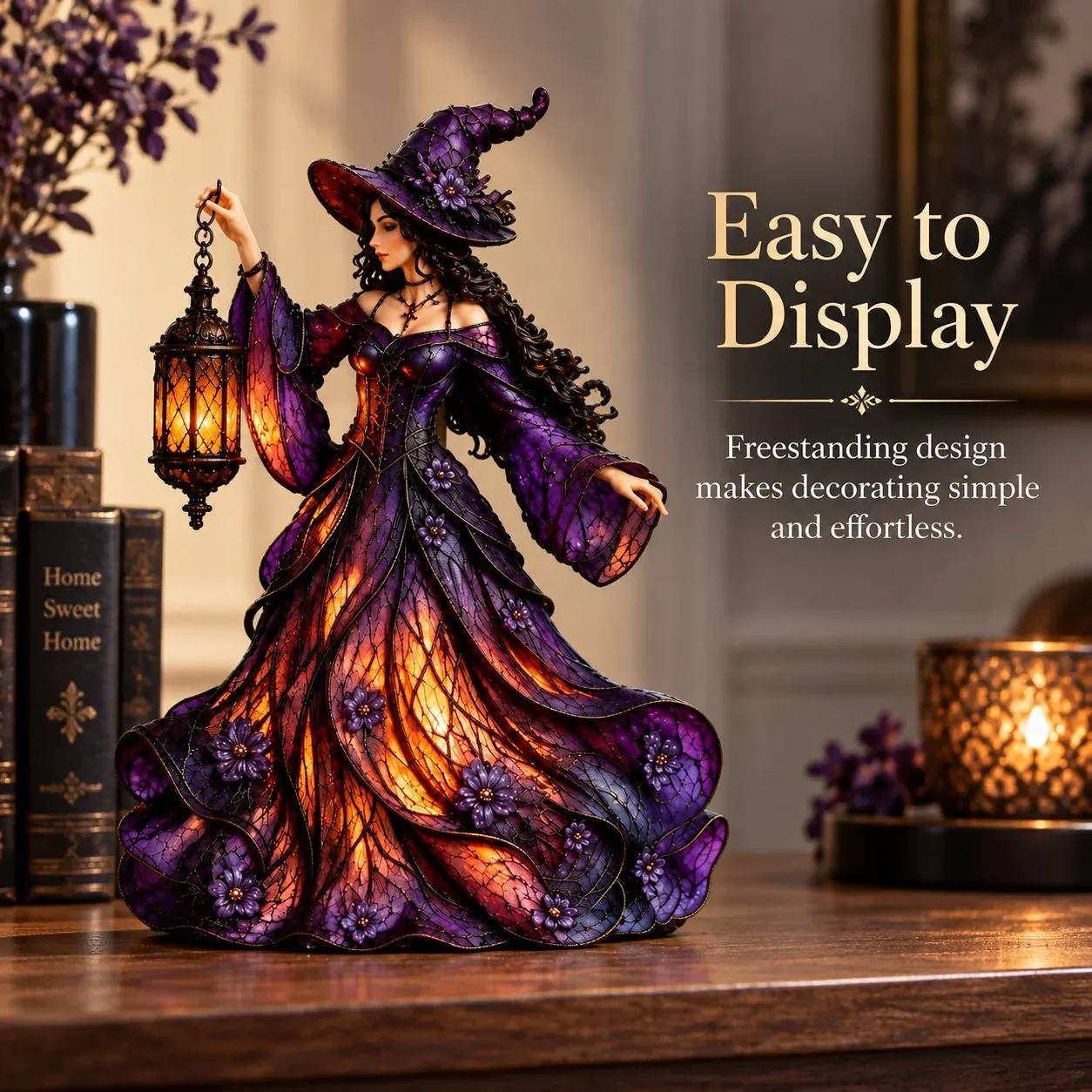 Gothic witch figurine styled as an atmospheric Halloween decoration