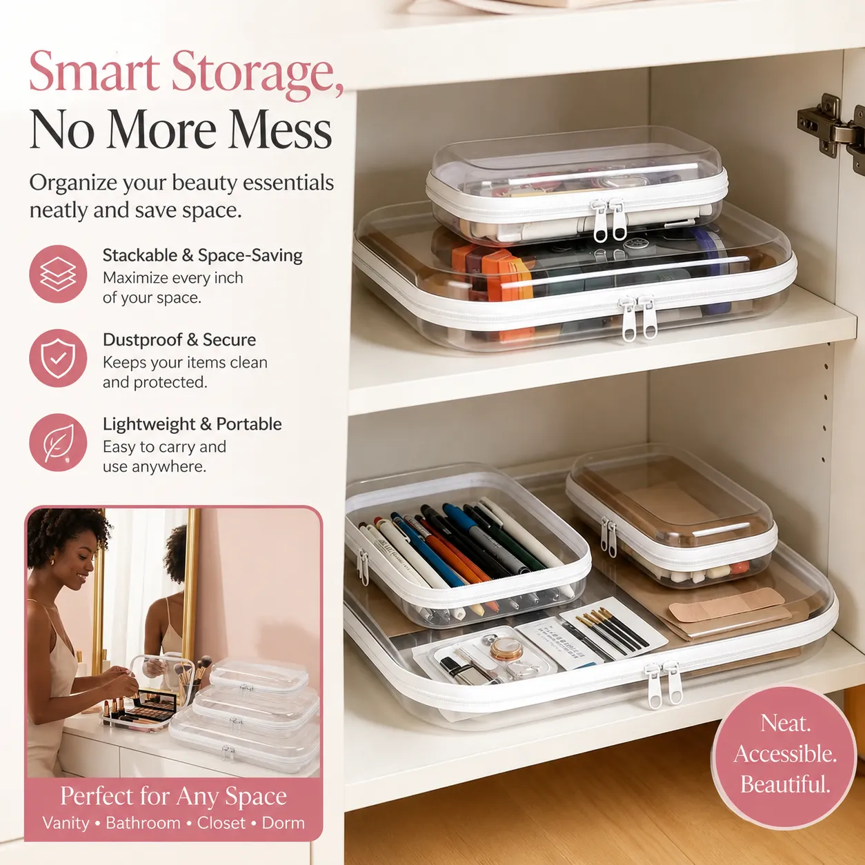 Three clear white-trim organizers arranged neatly on storage shelves