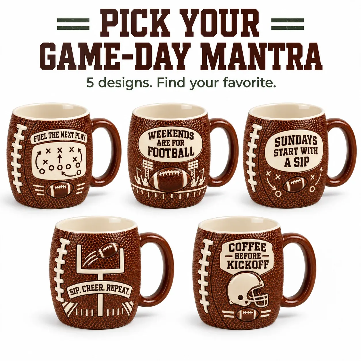Five available 3D football ceramic mug designs shown together