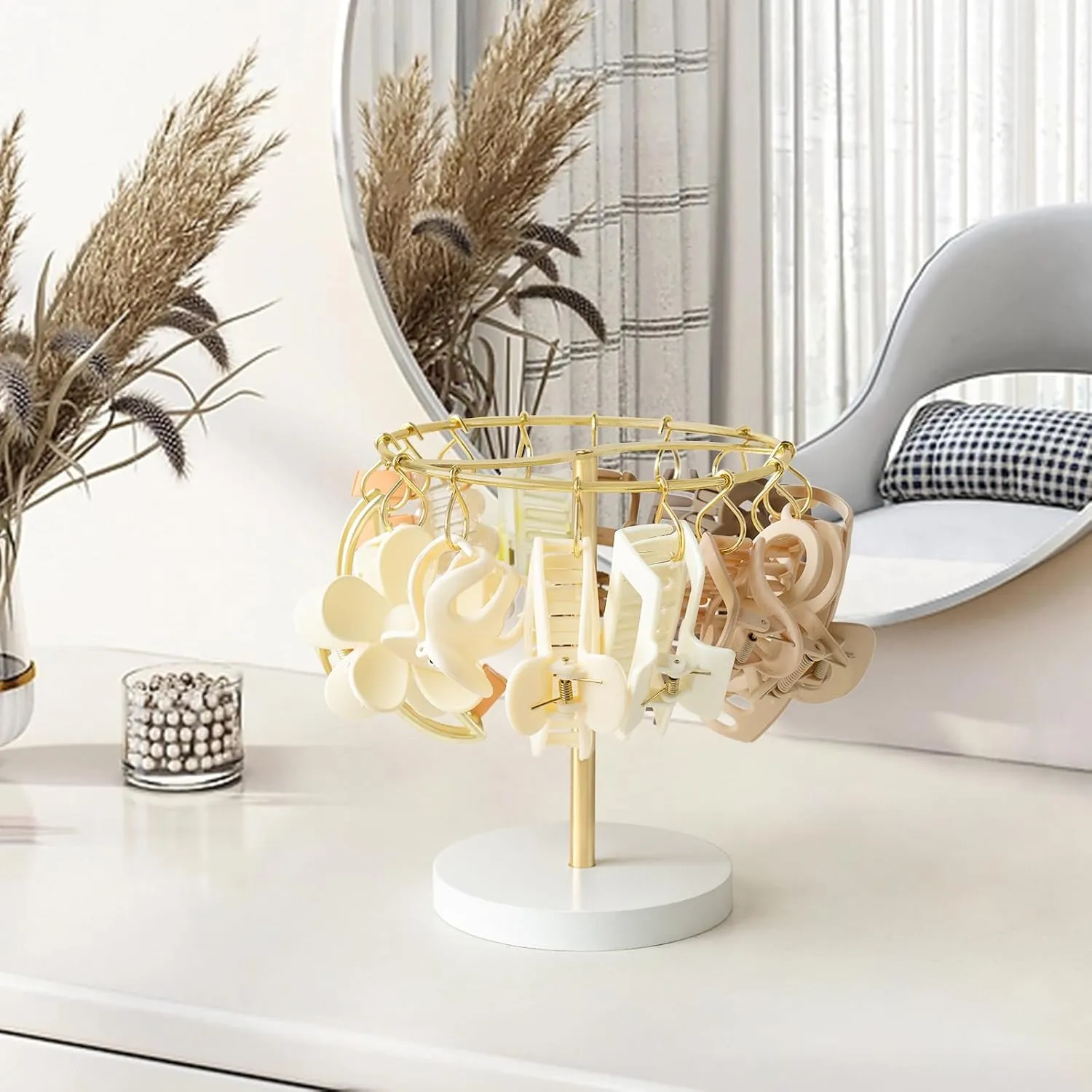 Claw clips neatly displayed on the rotating tabletop organizer
