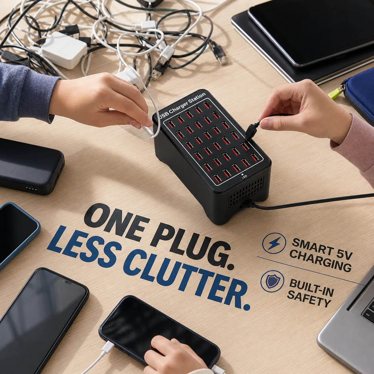 Organized desktop with one 30-port USB charging station