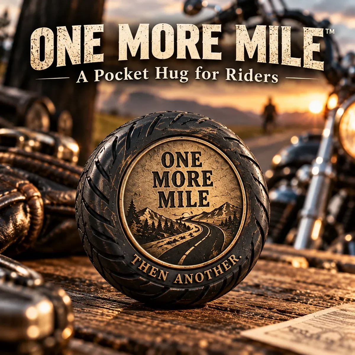 One More Mile pocket hug for motorcycle riders displayed beside a motorcycle at sunset