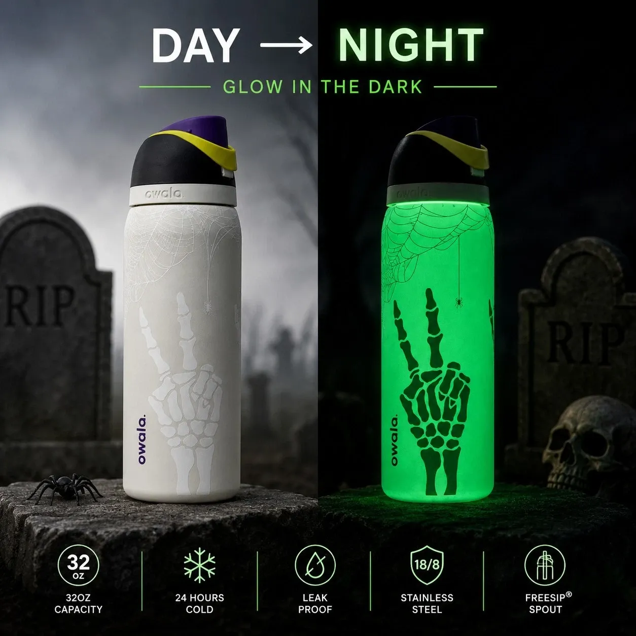 Day and night comparison of the 32 oz skeleton bottle
