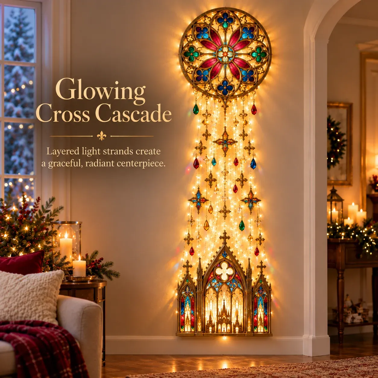 Cathedral-inspired illuminated wall decoration with cross cascade and colorful stained-glass-style details
