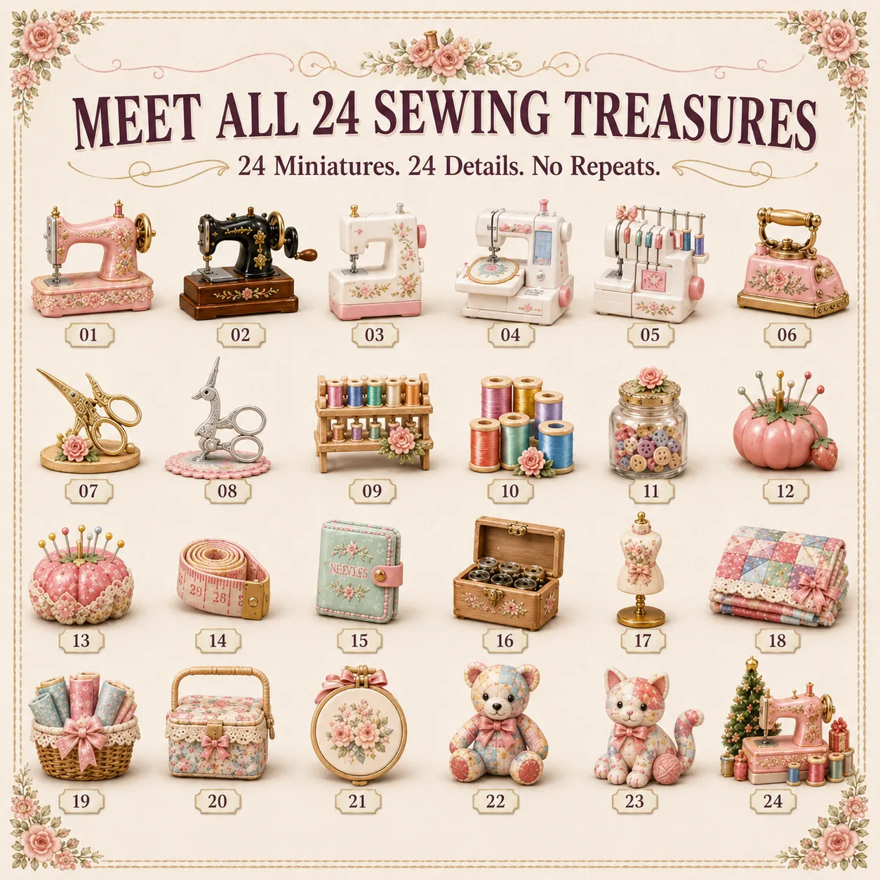 All 24 sewing-themed collectible miniatures