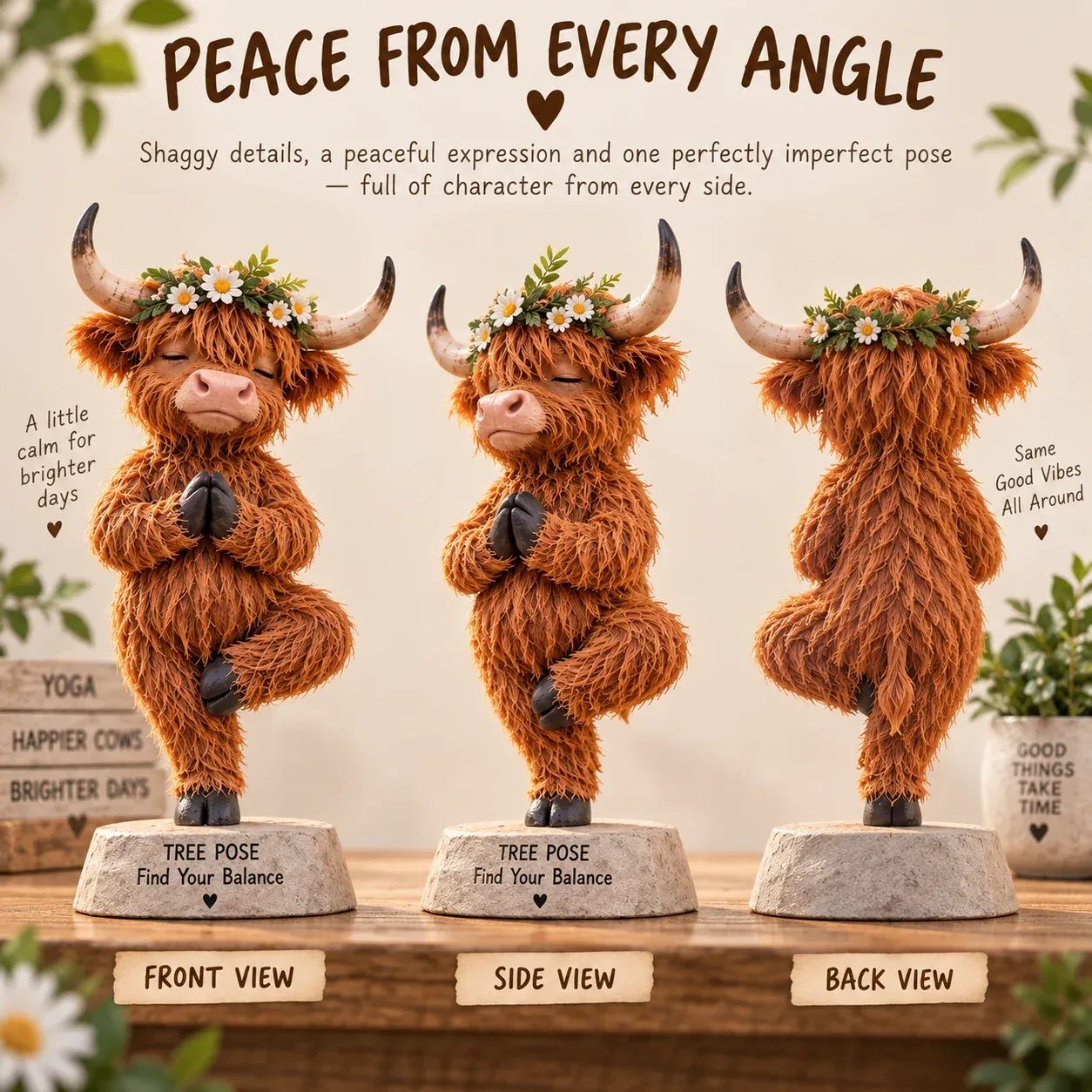 Highland cow yoga figurine front side back views