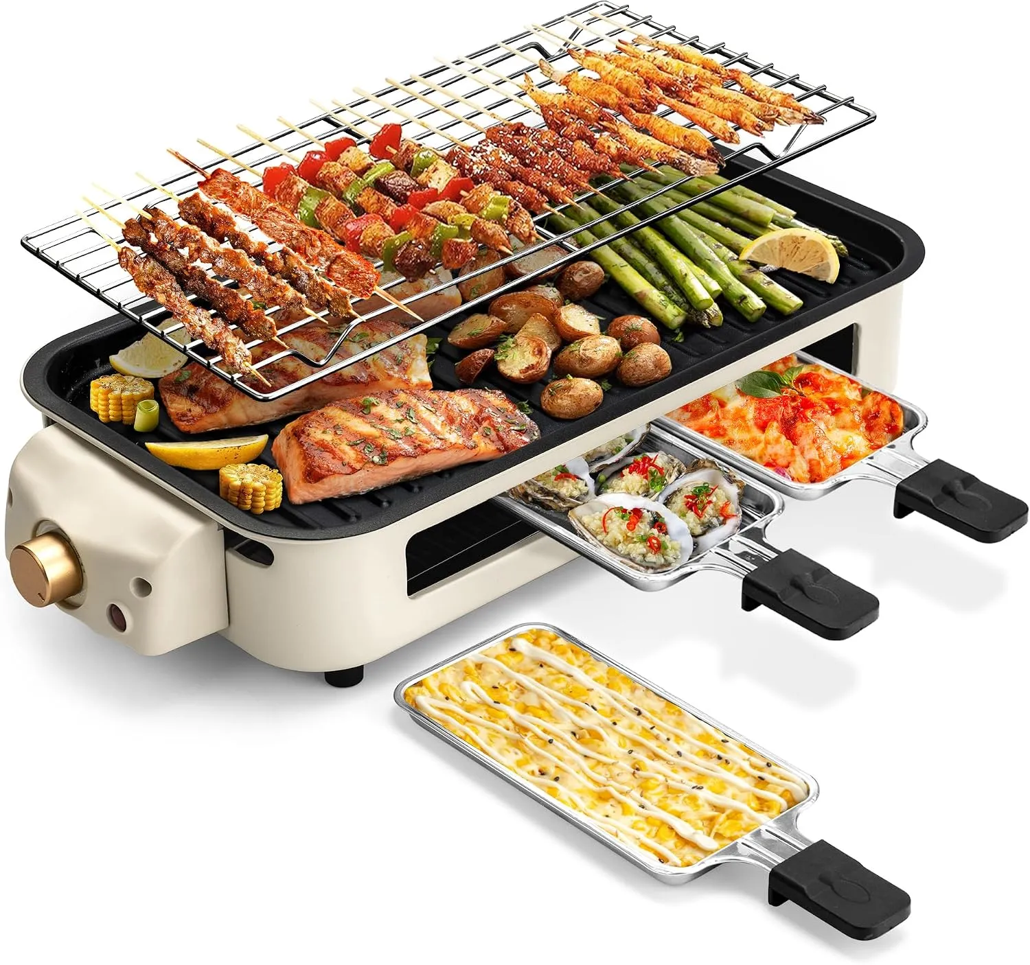 Upper griddle, wire rack, and three individual lower pans