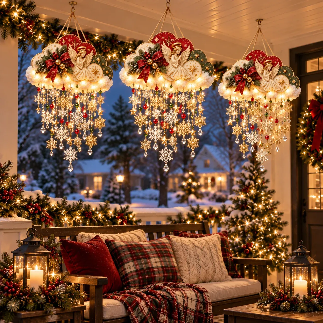 Multiple Christmas snowfall clouds decorating a porch