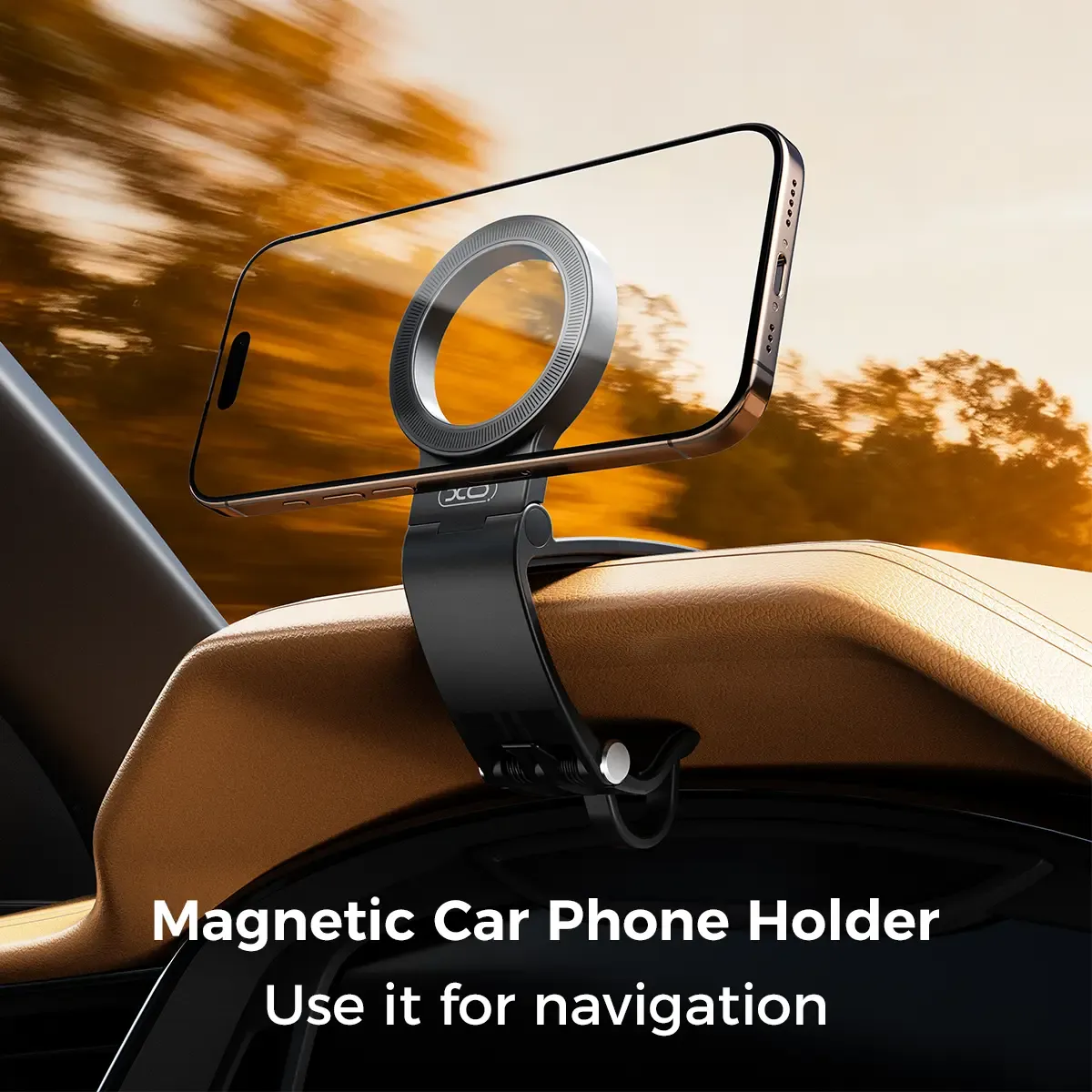 Magnetic car phone mount holding a phone for navigation