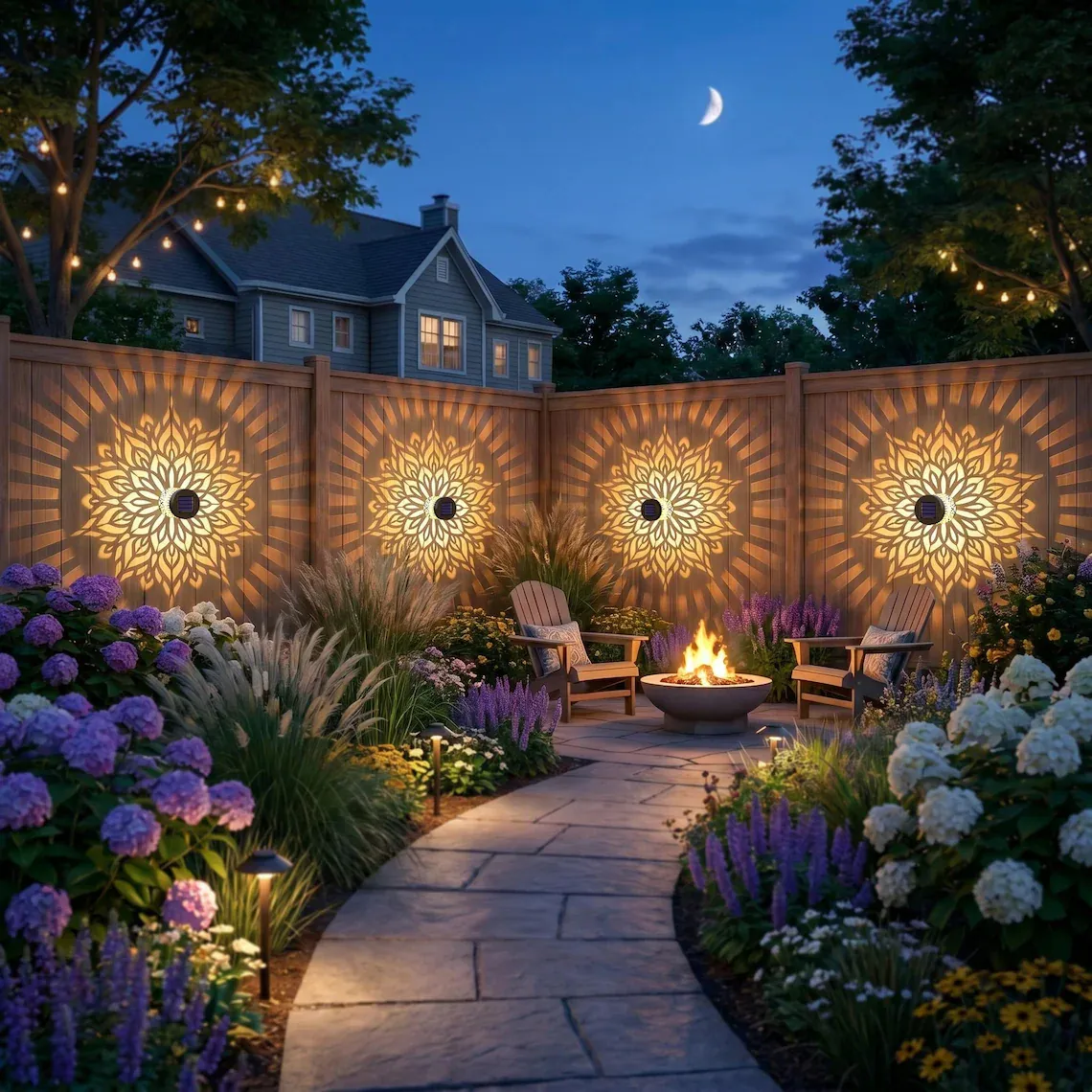 Four mandala solar wall lights arranged along a landscaped garden fence