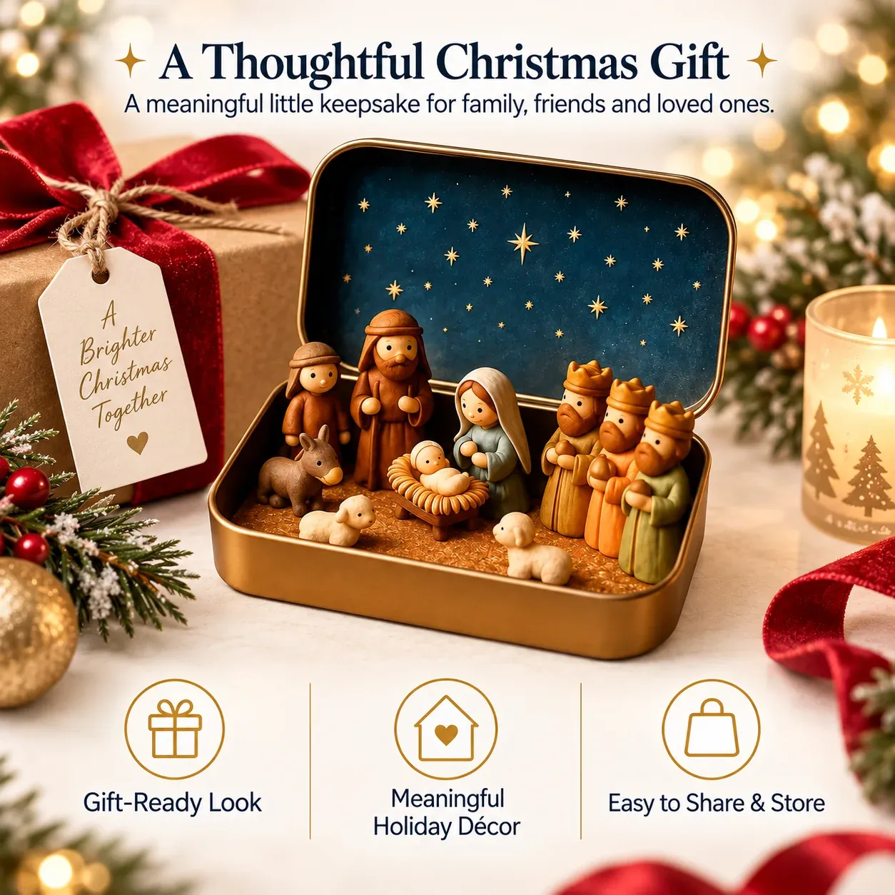 Complete miniature Nativity scene with figures and animals