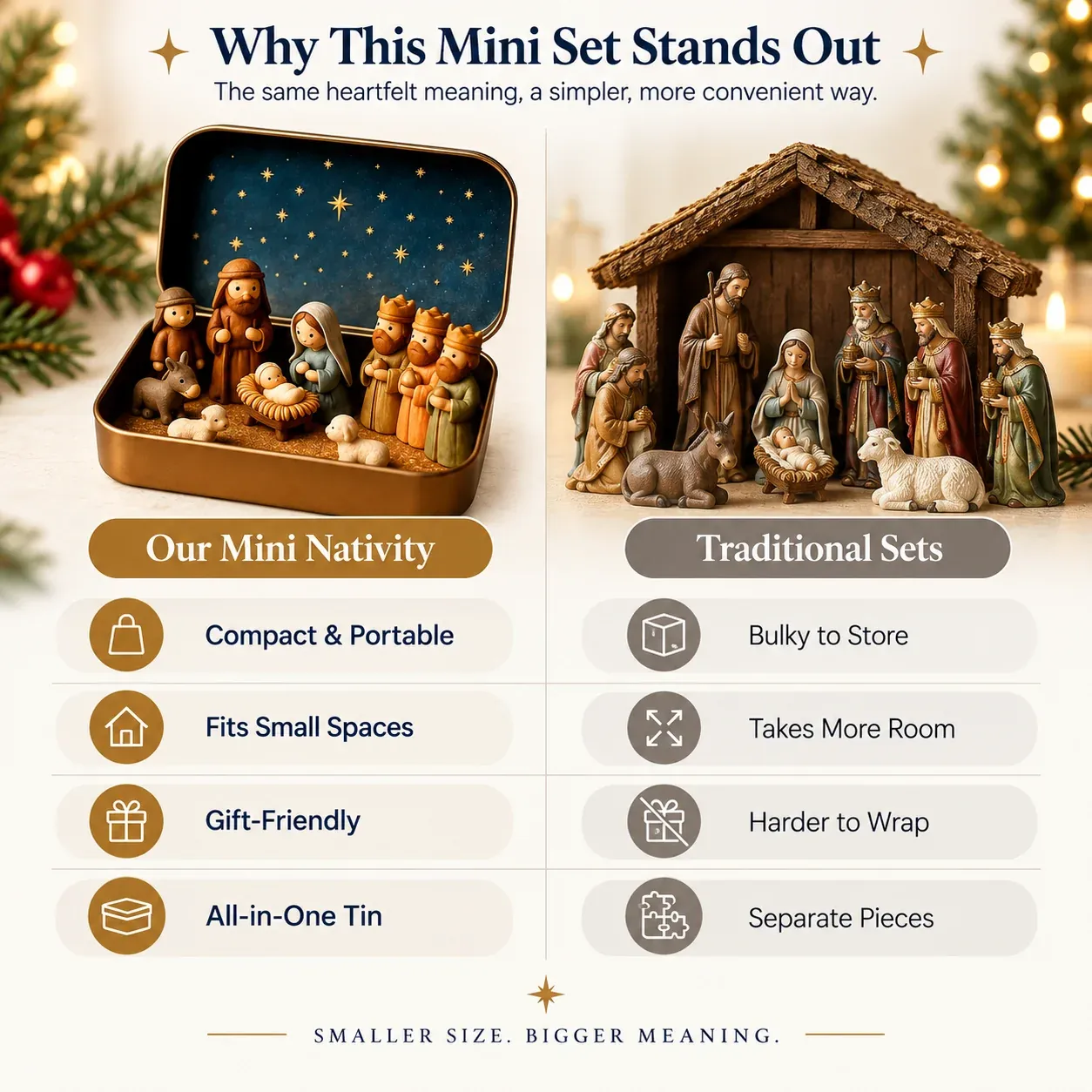 Close view of the hand-painted miniature Nativity figurines