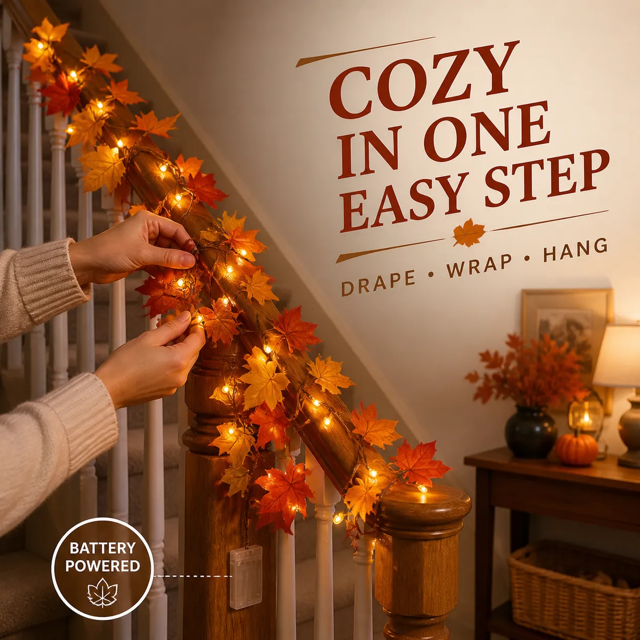Maple leaf light garland being wrapped around a stair banister