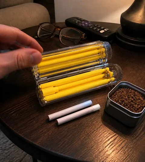 Open yellow manual roller on a living-room side table